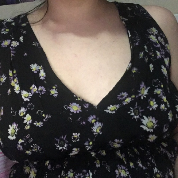 PURPLE & YELLOW DAISY FLORAL V NECK MESH WOVEN DRESS - Picture 3 of 3